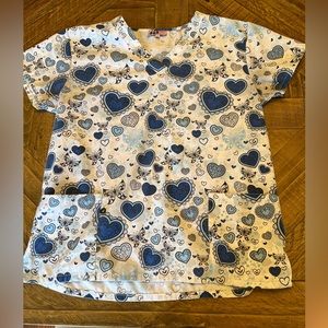 Hearts and Butterflies Scrub Top Blue Size Medium